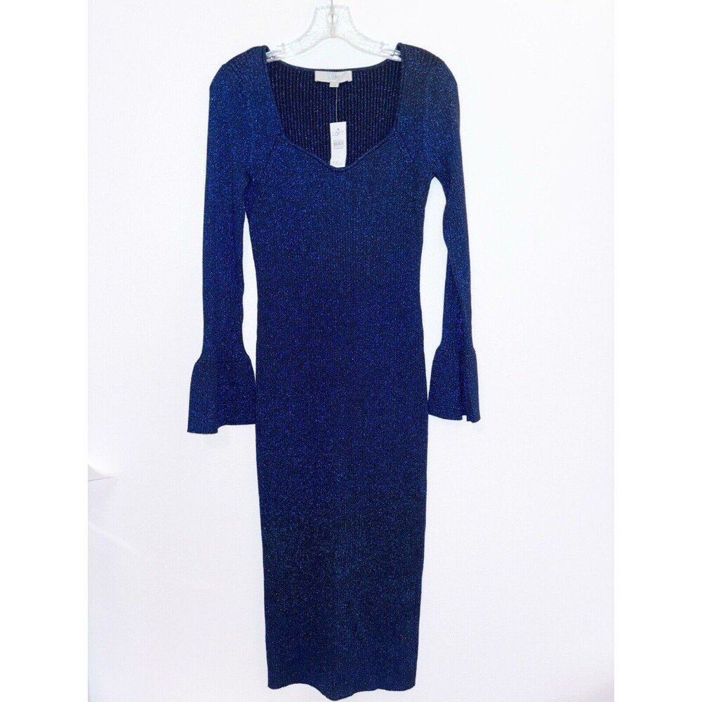 New LOFT Blue Sparkle Stretch Bodycon Long Sleeved Midi Dress Size Small